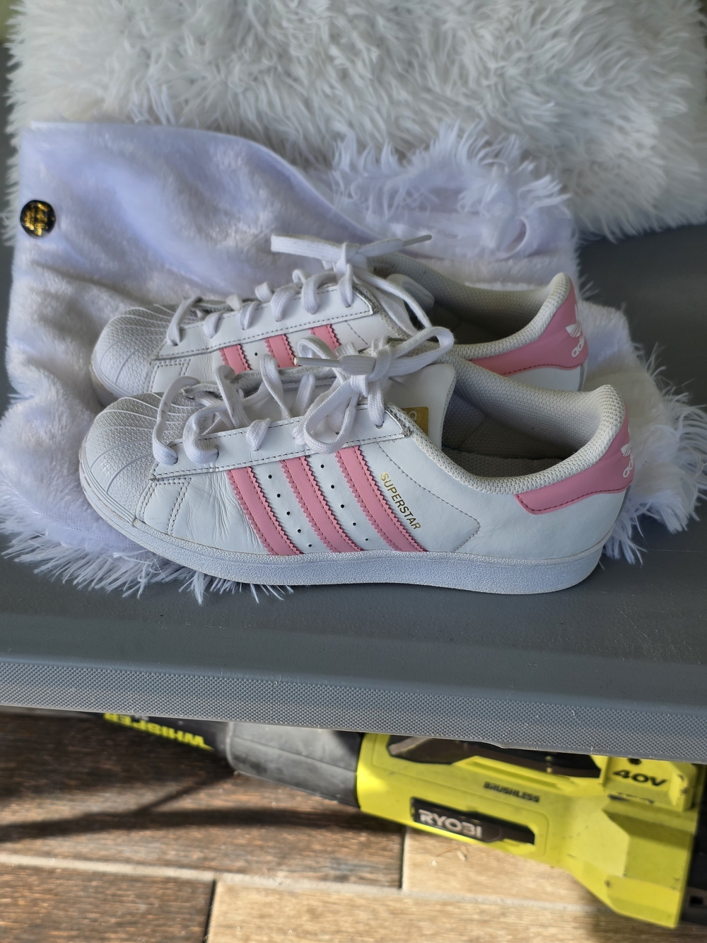 Adidas Women Superstar Sneakers - White with Pink Stripes
